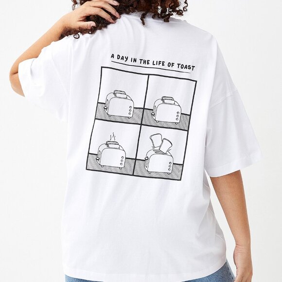'A Day In The Life Of Toast' Black White Line Print Oversized Tee - Picture 1 of 3